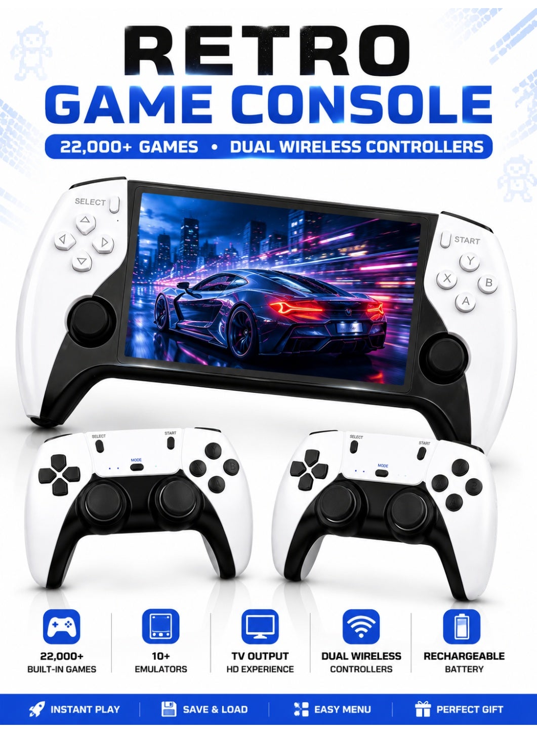 Compare Retro Handheld Game Console with 5Inch IPS Display, 22,000+ Builtin Games, 10+ Emulators, Dual Wireless Controllers, TV Output, 3000mAh Rechargeable Battery, 32GB Memory Card, Portable Gaming Console at KSA Price