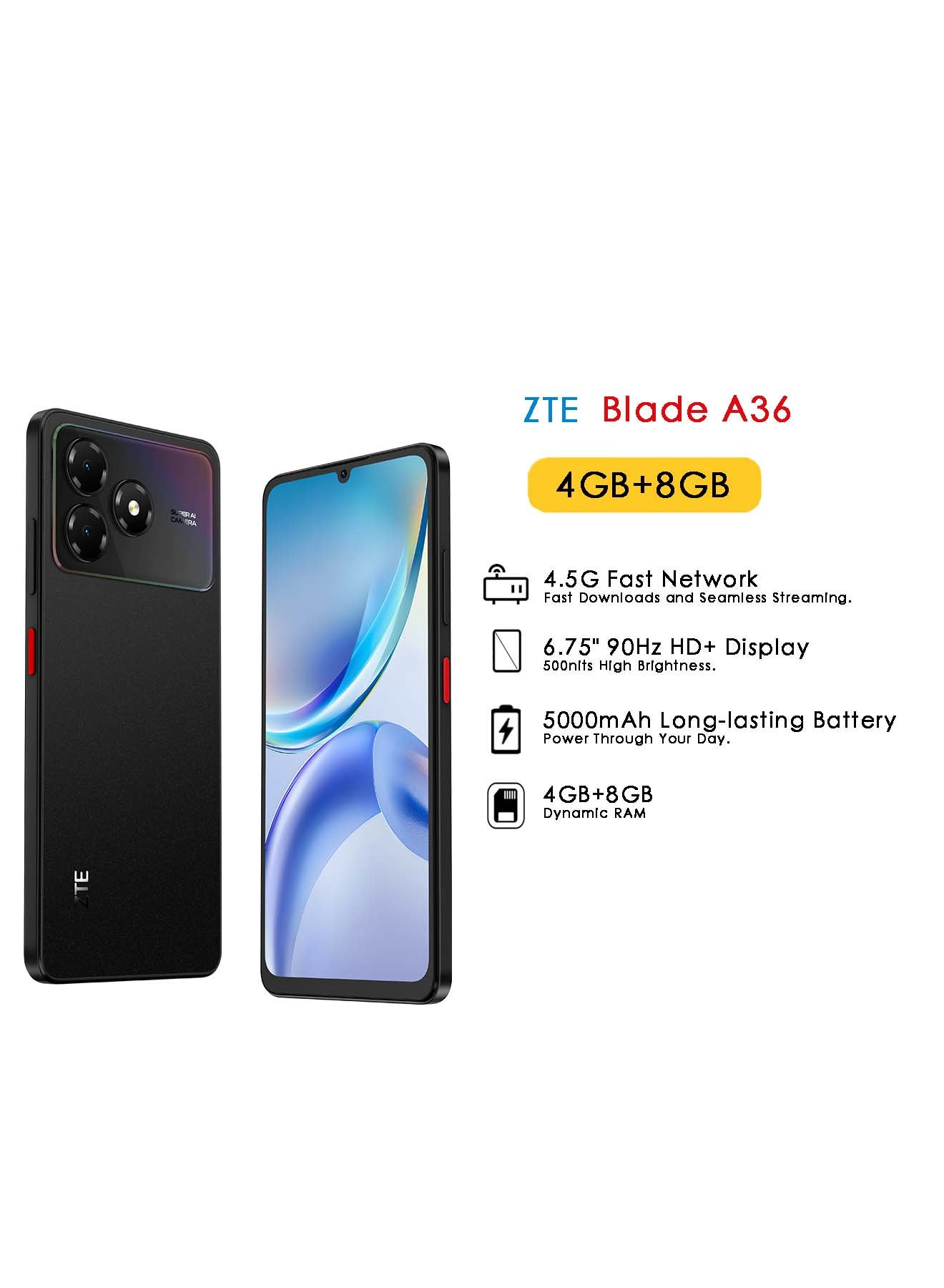 Blade A36 Dual SIM Nebula Black 4GB+8GB RAM…
