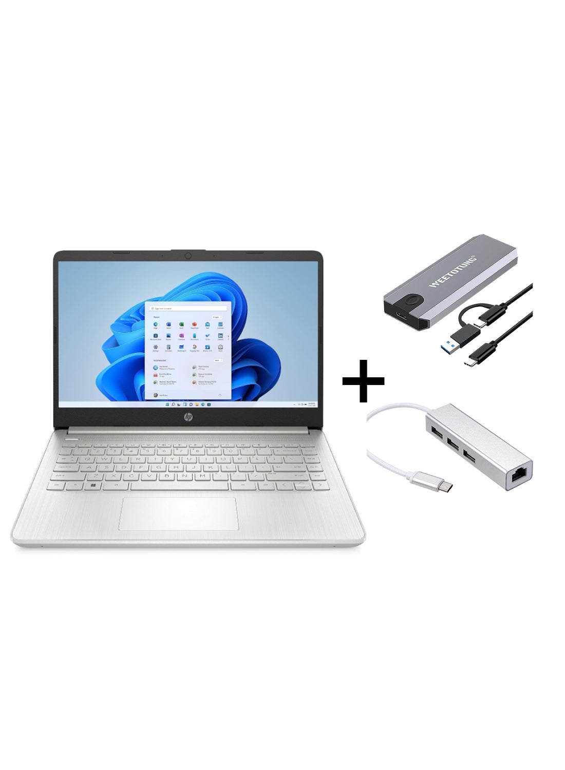 Compare 14s Laptop With 14Inch Diagonal FHD Display, Core i31215U Processor8GB RAM512GB SSDIntel UHD GraphicsWindows 11 With 128GB external drive +TypeC to USB Hub EnglishArabic Natural silver at KSA Price