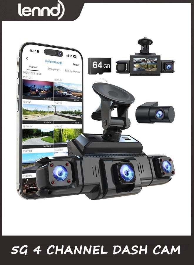 Compare 360 View 4 Channel Dash Cam Front and Rear Left Right Inside Camera for Cars, GPS and 5G Band WiFi, Night Vision, 160 Wide Angle, WDR, 24H Parking Mode, Supercapacitor, Included 64GB Card at KSA Price