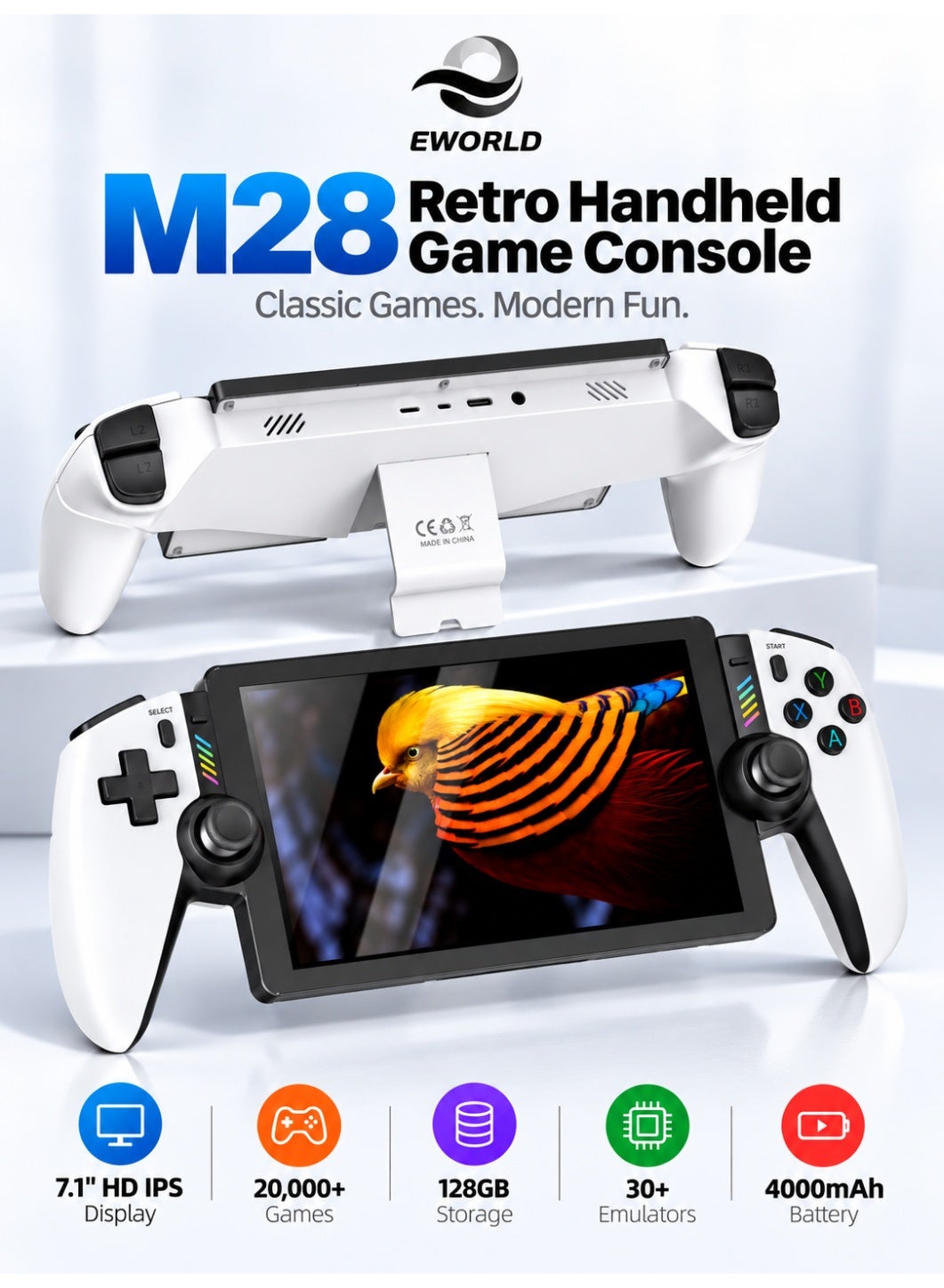 Compare M28 Retro Handheld Game Console, PS2 7.1Inch Large HD IPS Display 1024 × 600, OctaCore Processor with MaliG52 GPU, EmuELEC LinuxBased System, 30+ Classic Gaming Platforms, 20,000+ Preloaded Games, 2GB LPDDR4 RAM, 128GB Storage, Dual 3D Analog Joysticks, 4000mAh Rechargeable Battery, USB TypeC Portable Gaming Console for Kids & Adults at KSA Price