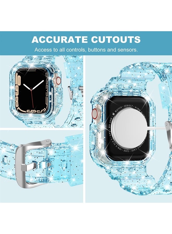 Compare Compatible for Crystal Clear Apple Watch Bands, 45mm 44mm 42mm 41mm 40mm 38mm with Bumper Case for Women Jelly Sport Case and Band for iWatch Series 8 7 SE6 5 4 3 2 1 GlitterBlue, 424445mm at KSA Price