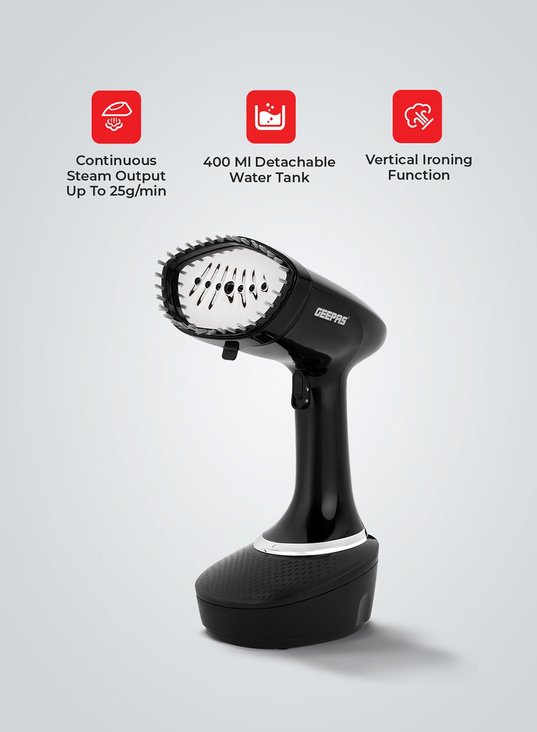 Compare Handheld Garment Steamer With Stainless Steel Panel, Continuous Steam Output Upto 25GMin, 400 ML Detachable Water Tank, Vertical Ironing Function, 360 Degree Swivel Cord Protection 400 ml 1500 W GGS25041 Black at KSA Price