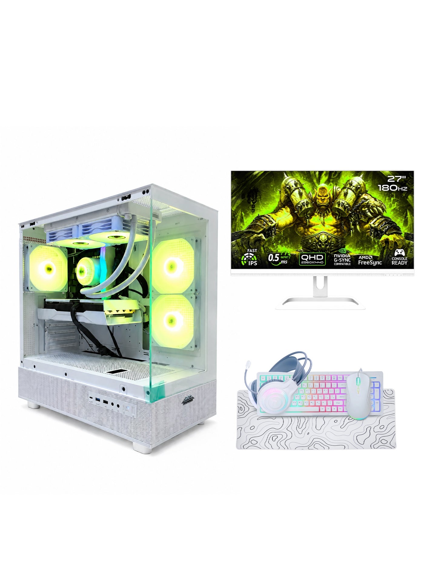 Compare Intel Core i514400F NVIDIA RTX 5060 Ti 8GB Gaming PC Bundle with 27 180Hz FHD Monitor, 16GB RAM, 1TB NVMe SSD, Keyboard, Mouse, Headset  White at KSA Price
