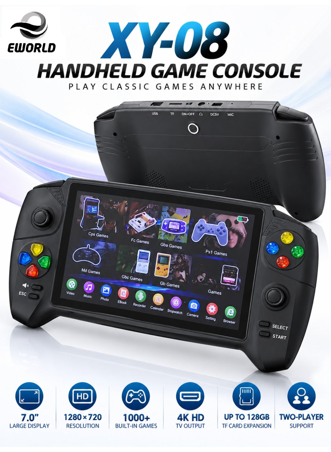 Compare XY08 Handheld Game Console, 7.0Inch HD Display 1280×720, 16GB Memory, 1,000+ BuiltIn Games, 4K HD TV Output, 2.4GHz Wired & Wireless Connectivity, TF Card Expansion up to 128GB, TwoPlayer Support, PS1 & PSPStyle Retro Gaming, MultiLanguage Portable Console at KSA Price