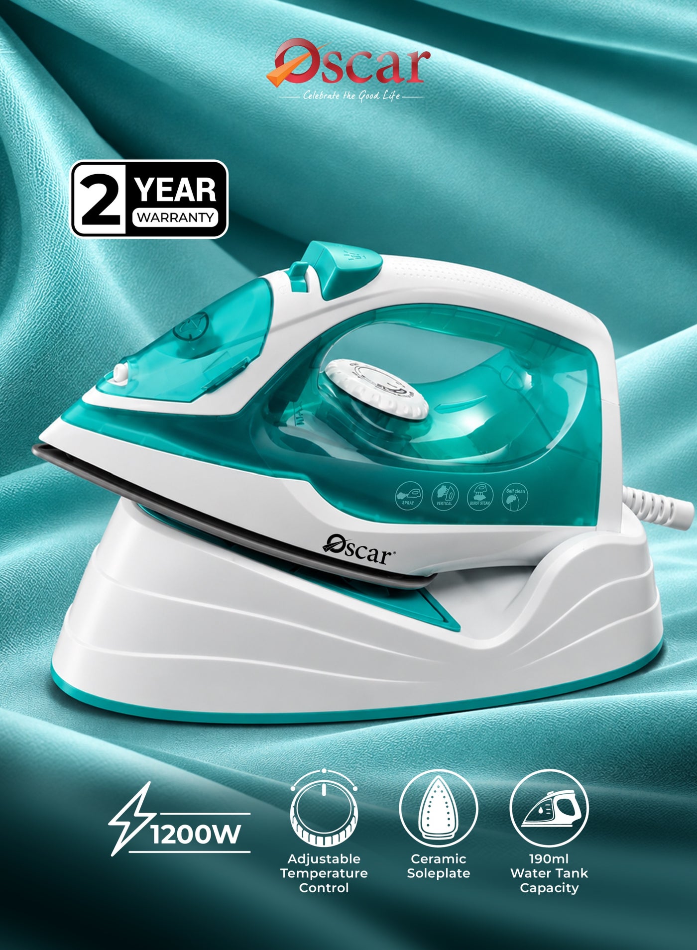 Compare Oscar 1200W Cordless Steam Iron | Premium Ceramic Soleplate for Smooth Glide | 190ML Large Water Tank for Extended Ironing | Adjustable Temperature Control for All Fabrics | Continuous Steam, Spray & Dry Ironing Functions | Self‑Cleaning System for Easy Maintenance | OSI806COD  2 Year Warranty at KSA Price