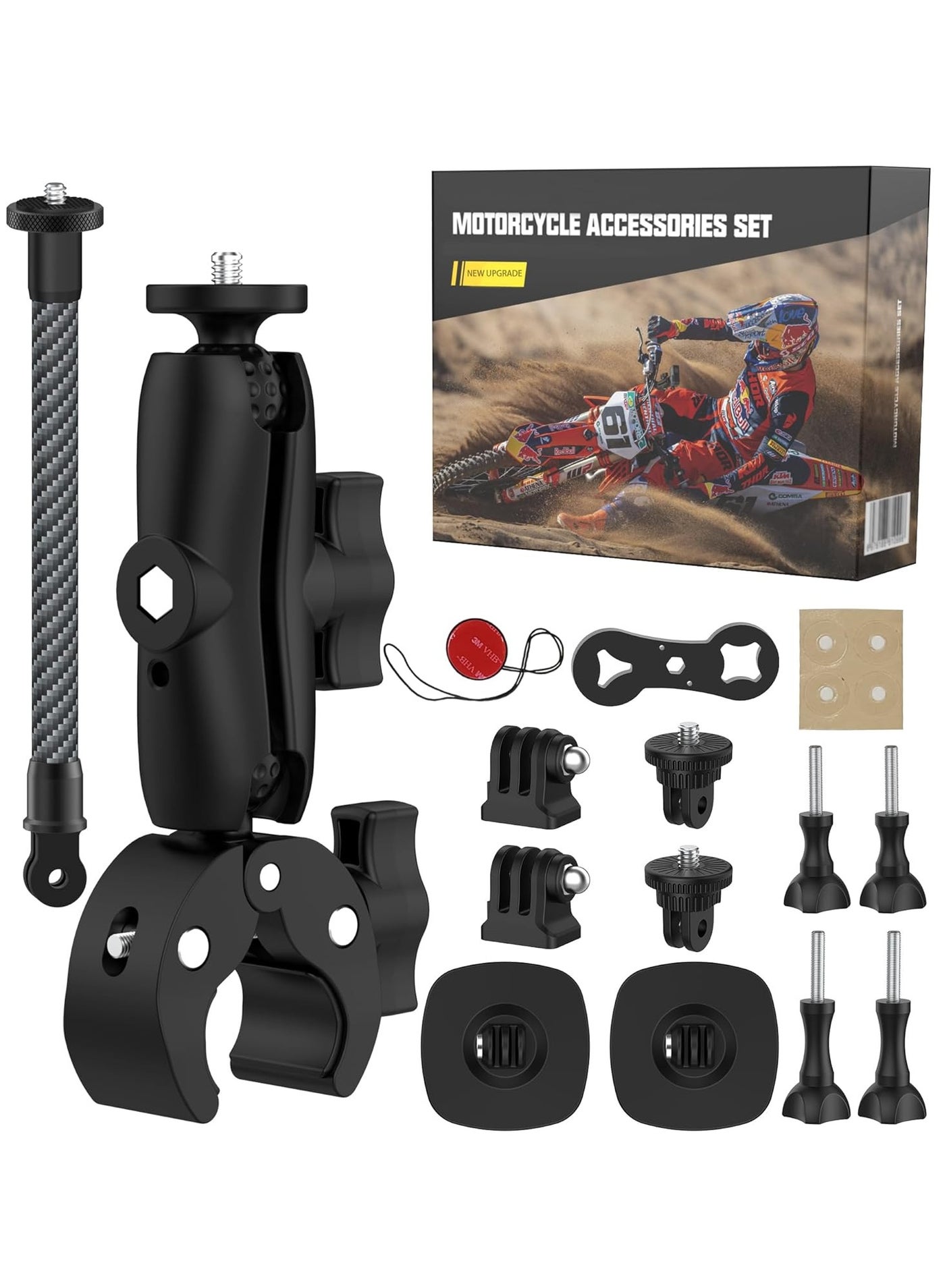 Compare Motorcycle Action Camera Mount Kit, Bike Handlebar Clamp Mounts, Adjustable Invisible Selfie Stick with Double Clamp Compatible with Insta 360 X4 X5, GoPro Camera Accessories, for Riding Records at KSA Price
