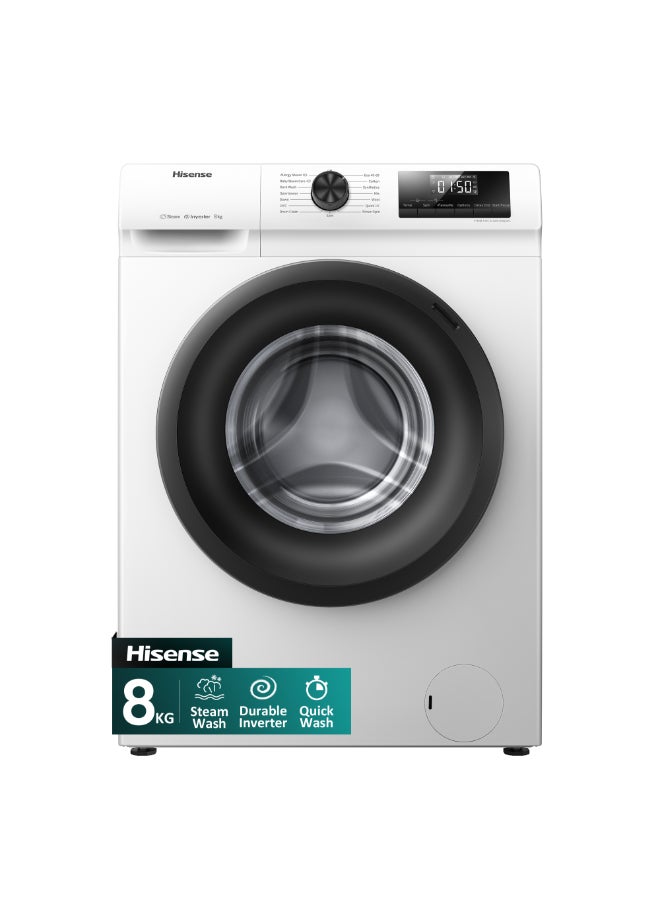 Compare Hisense 8KG Front Load Washing Machine 1200RPM Steam Wash,Durable Inverter,Quick Wash,Self Diagnosis, Drum Clean,Delay End WFSQ8012VMW White at KSA Price