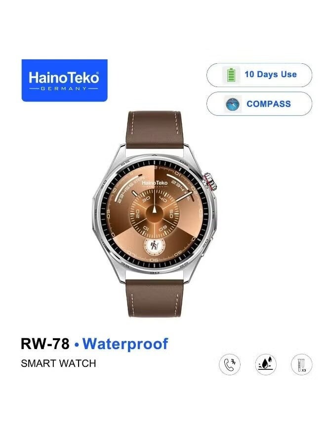 Compare RW78 Waterproof Smart Watch with AMOLED Display, Bluetooth Calling, 10Day Battery Life, 3 Interchangeable Straps & Charging Cable, Fitness Tracker for Men & Women, Silver at KSA Price