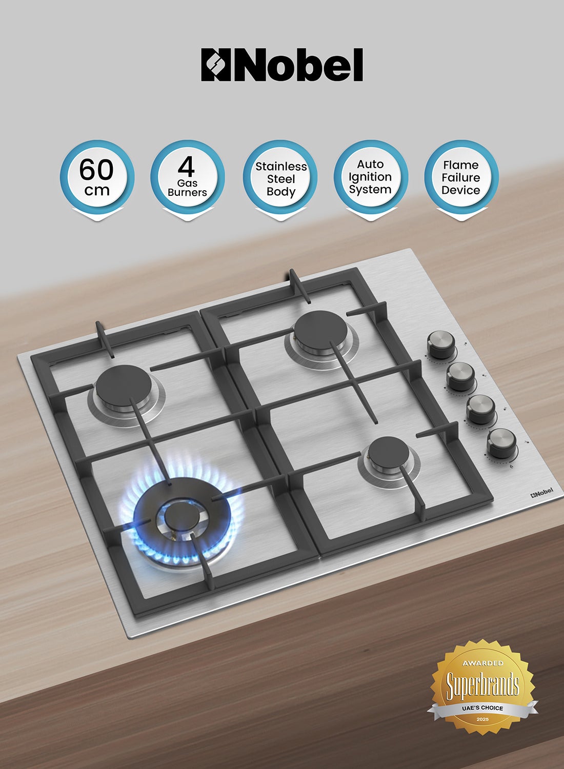 Compare 60cm BuiltIn Gas Hob 4 Burners with Sabaf Burners Made in Italy, Dual Wok Burner, Auto Ignition, Cast Iron Support, FFD Safety – 1 Year Warranty 4 NBH6401SSHI grey at KSA Price