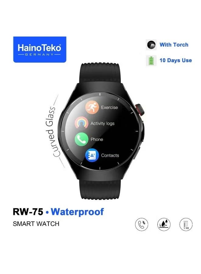Compare RW75 Waterproof Smart Watch with Curved AMOLED Display, Bluetooth Calling, Heart Rate & Sleep Tracking, MultiSport Modes, Long Battery Life, 3 Interchangeable Straps & Charging Cable – Stylish Gents Smartwatch Black at KSA Price