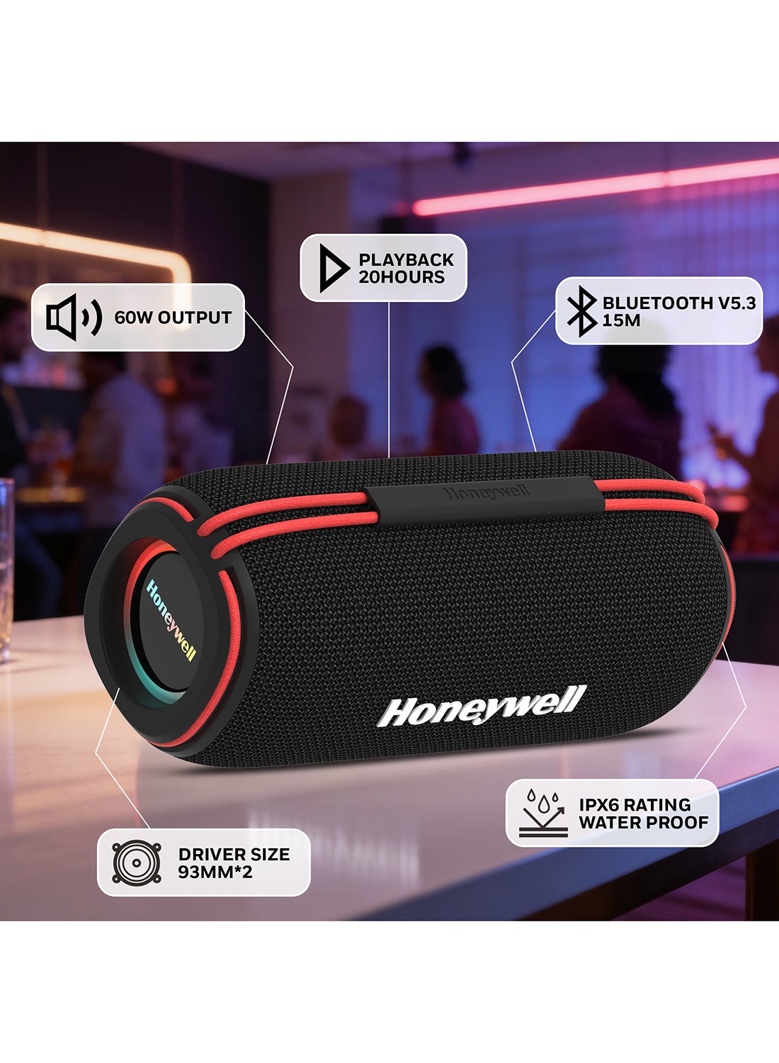 Compare Honeywell Trueno U500 60W 5.3 Bluetooth Speaker, Deep Bass Radiators, 18H Playtime, IPX 6, TWS Feature, RGB Lights, SD Card, AUX, USB TypeC Port, BuiltIn Mic & 2*93mm Drivers Black at KSA Price
