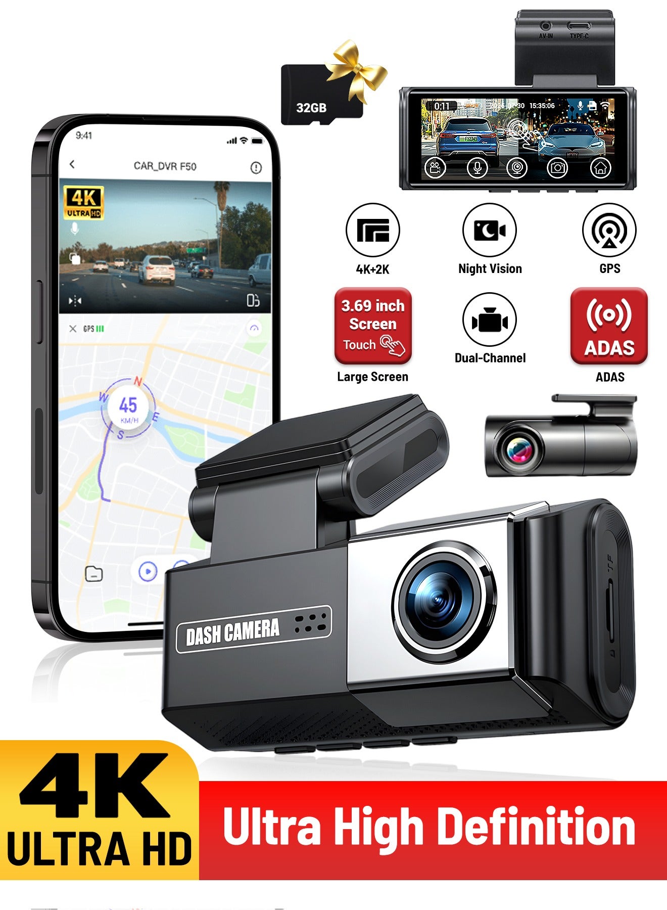 UHD 4K Dash Cam for Cars Front and…