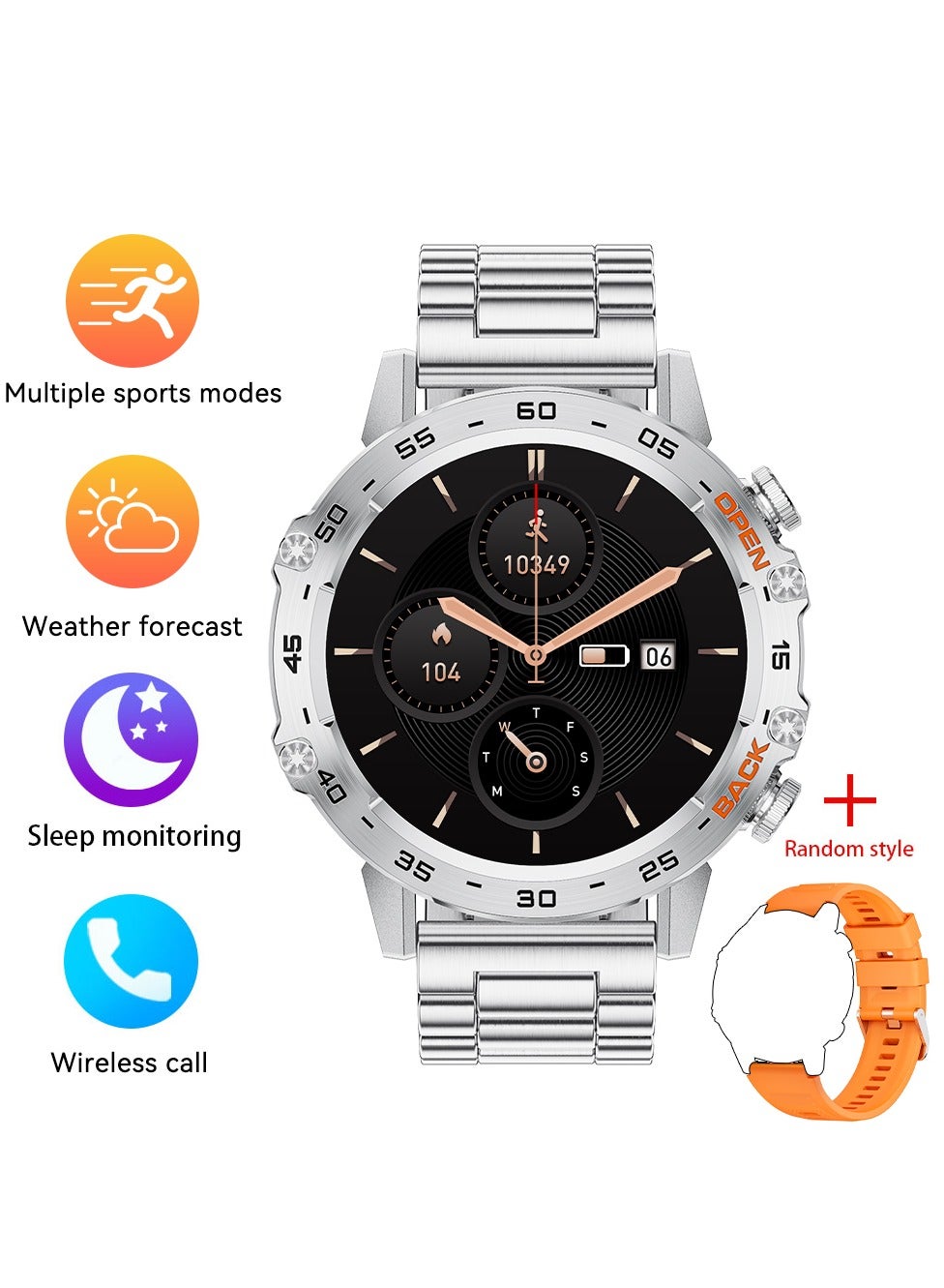 Compare Smart Watch for Men Waterproof AMOLED Screen Bluetooth Call Fitness Sports Smartwatch Health Monitoring Stainless Steel Silver & Extra Silicone Orange Strap at KSA Price