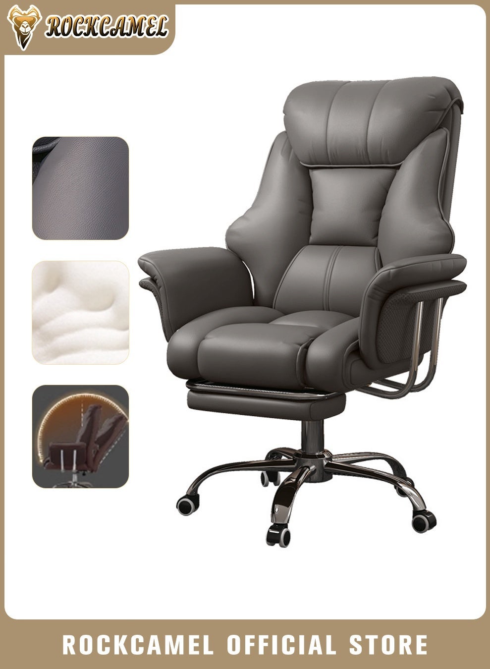 Compare Big Office Chair Computer Chair with Retractable Footrest, Boss Chair with High Back Soft Leather 360° Swivel, HighElastic Sponge Gaming Chair With Lumbar Support Suitable for Home or Office, Grey at KSA Price