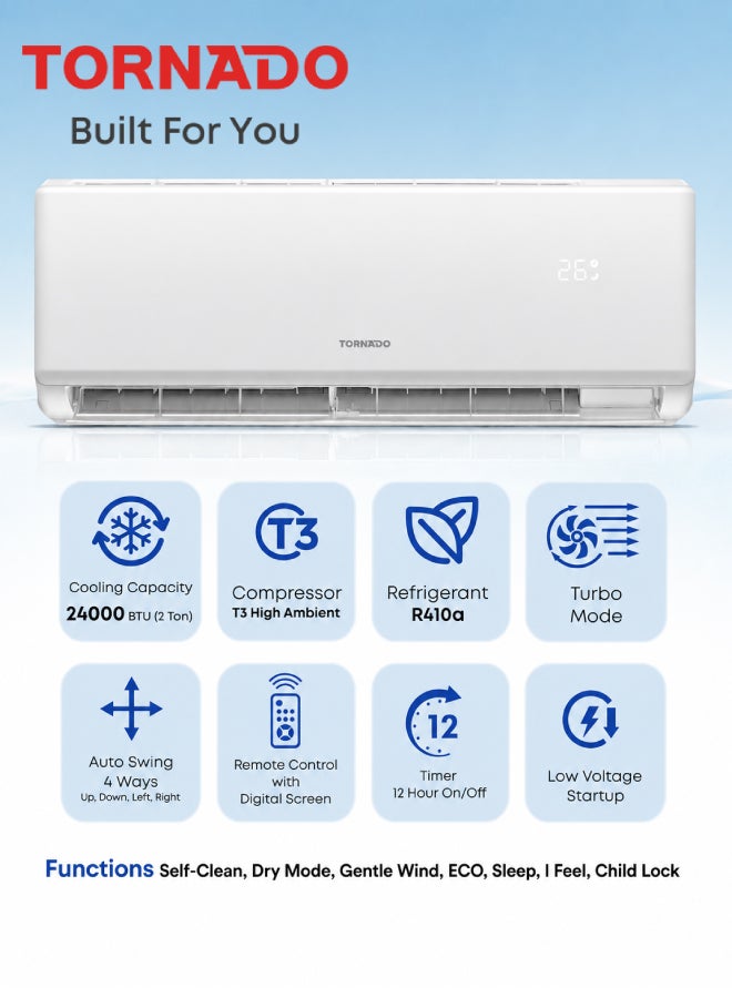 Compare 2 Ton TORNADO Split Air Conditioner 24,000 BTU Cool Only, T3 Tropical Compressor, Gentle Wind 4Way Swing  THC24BHU  1Year Full Warranty & 5Year Motor Warranty THC24BHU white at KSA Price