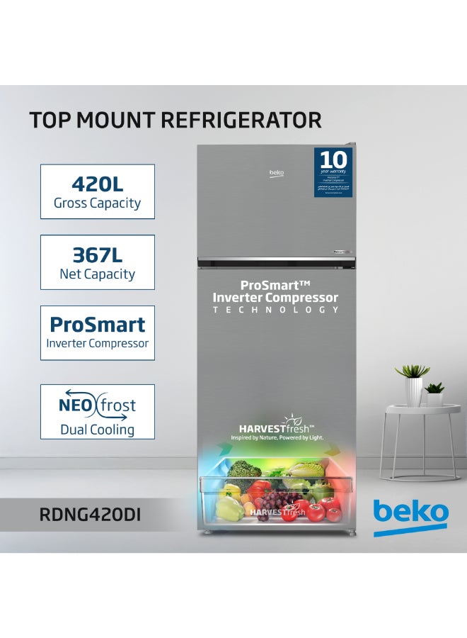 Compare Refrigerator 420 Liters Gross367 Net Capacity, Double Door, Top Mount, No Frost, Harvest Fresh Technology, NeoFrost Dual Cooling, Low Noise, CoolRoom, 10 Years Warranty on ProSmart Inverter Compressor  RDNG420DI silver at KSA Price