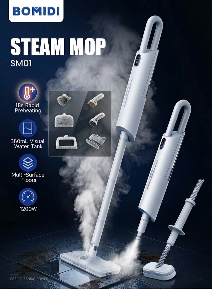 Compare BOMIDI SM01 1200W HighPower Steam Mop for MultiSurface Floors with Adjustable Steam, 18s Fast Heating, 380mL Visual Tank & Aromatherapy Function, White at KSA Price