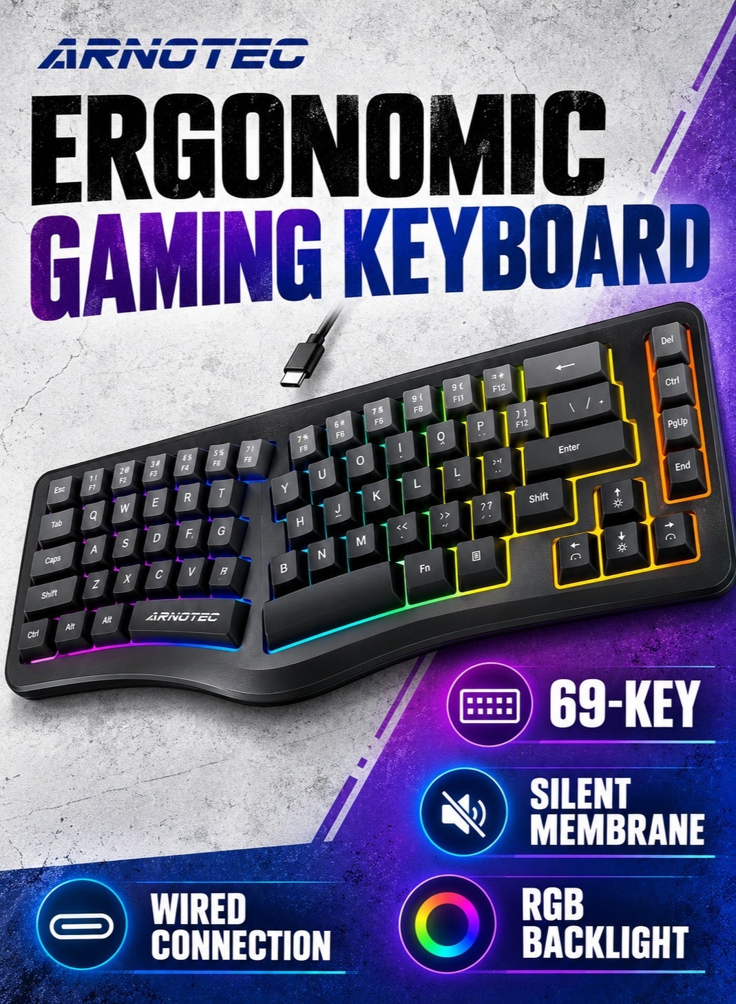 69-Key Ergonomic Gaming Keyboard, Wired Silent Membrane…