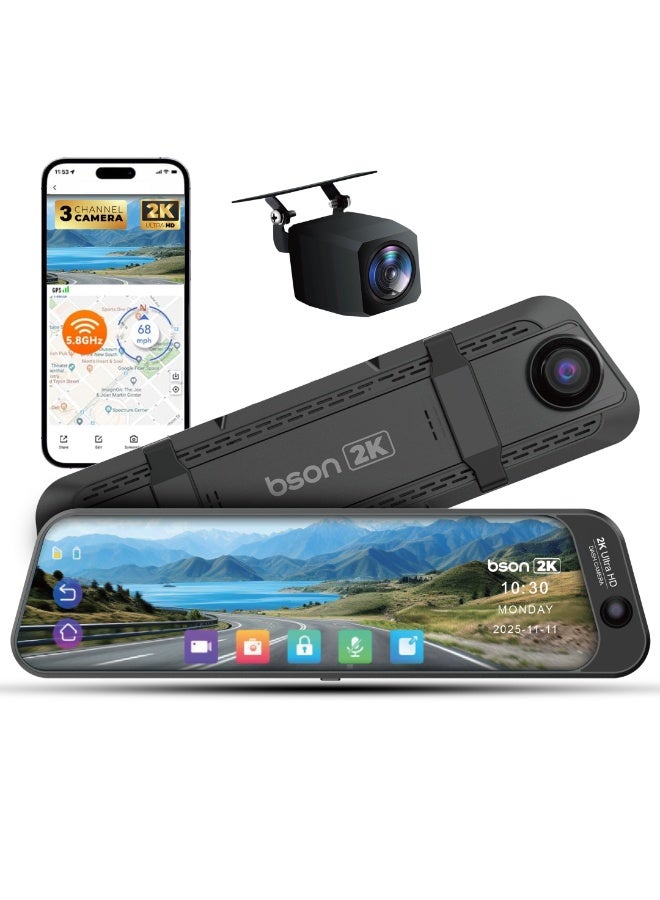 Tri Sense Smart Rear View Mirror Dash Cam, 10-Inch…