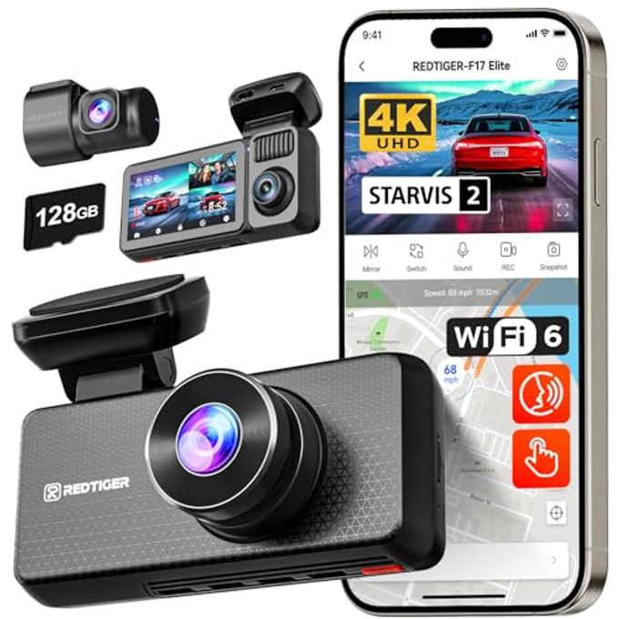 Compare F17 Elite 4K Dash Cam 3 Channel, Starvis 2 Imx678 & Imx675, 128Gb Card, Full Night Color, 4K+2.5K+1080P Front And Rear Inside, Voice Control, 5Ghz Wifi30MbS Download, Gps, Hdr, Parking Mode at KSA Price