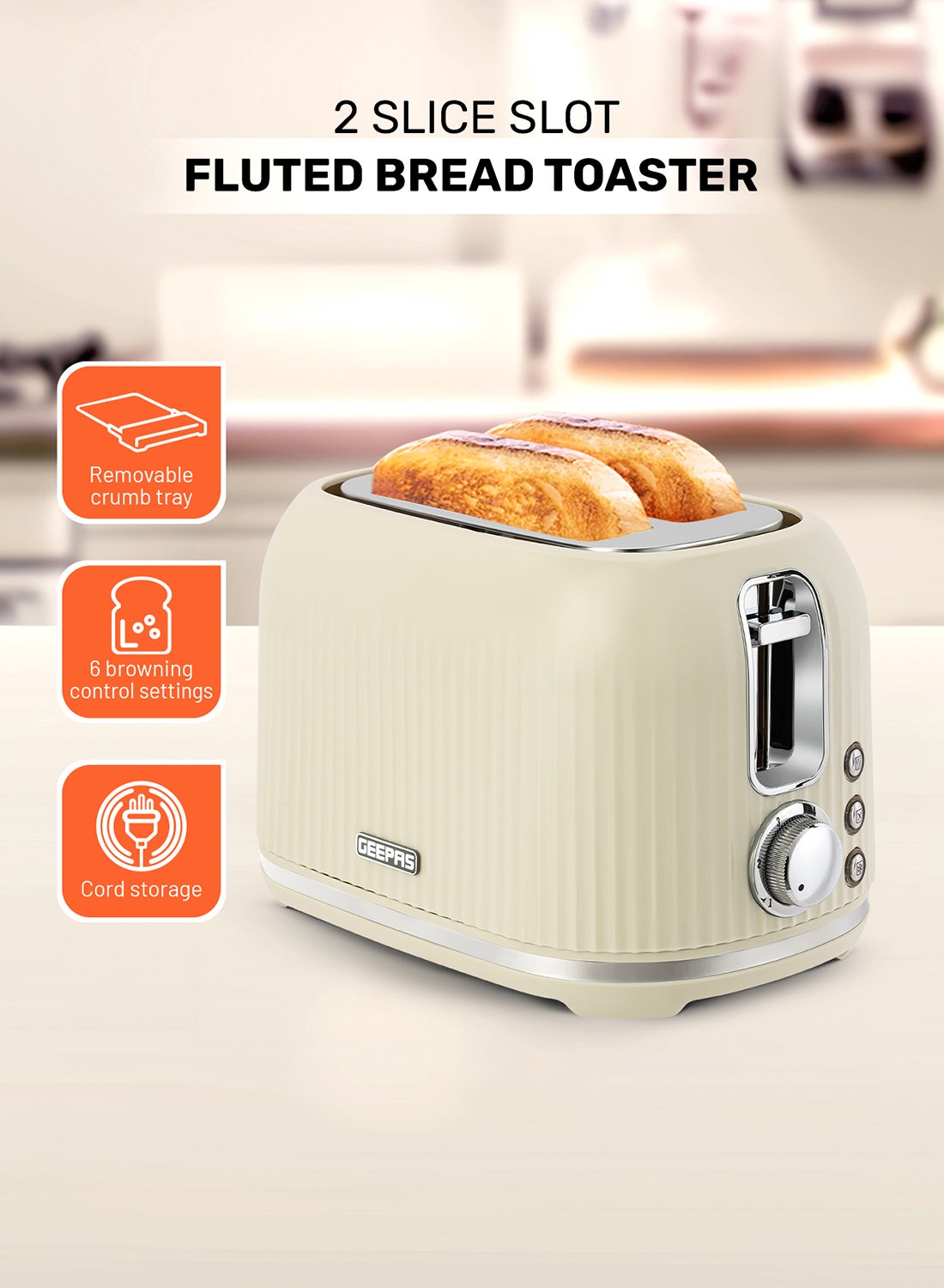 Geepas Fluted Bread Toaster- 2 Slice Slot| 6…
