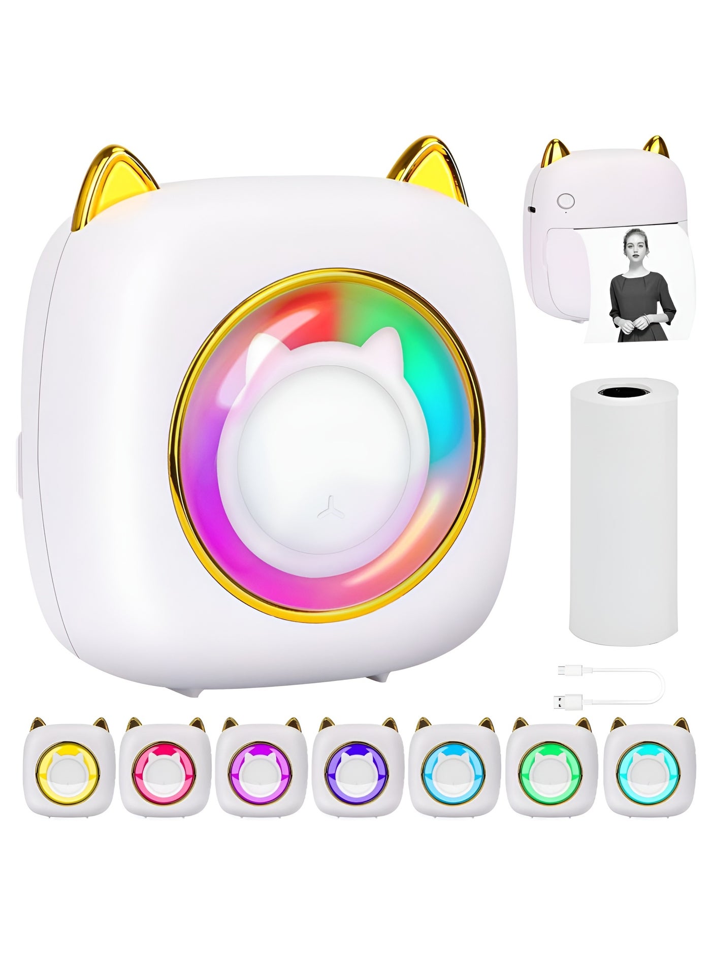 Mini Printer with 1 Roll 7 RGB Light Thermal…