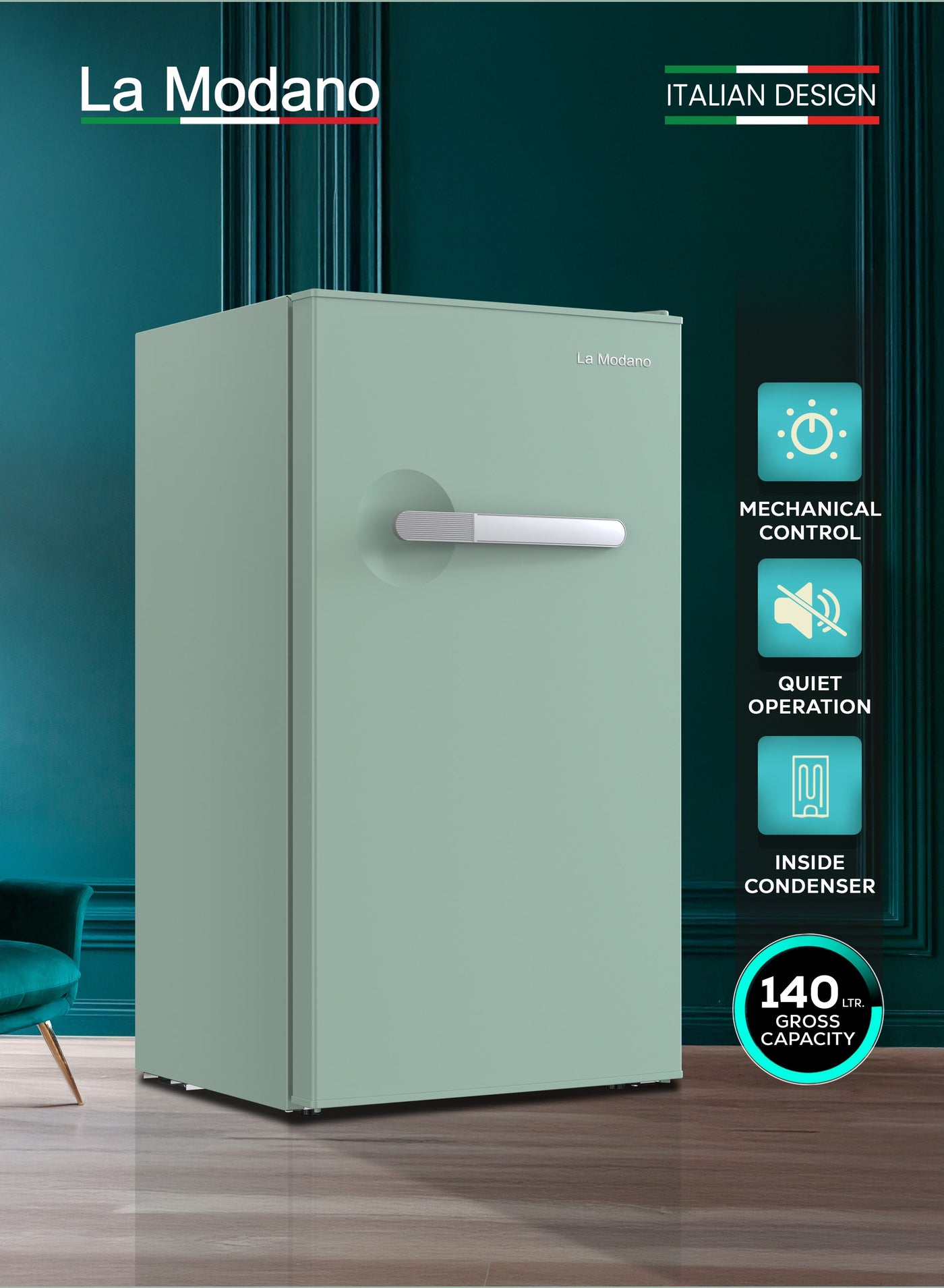 Compare La Modano Compact 90L Gross Capacity Single Door Refrigerator with Mechanical Control, Defrost Function, R600a Refrigerant, Inner Light, 2 Glass Shelves, 6 Bottle Racks, and Handle – Energy Efficient, SpaceSaving, Ideal for Home, Dorm, or Office Use at KSA Price