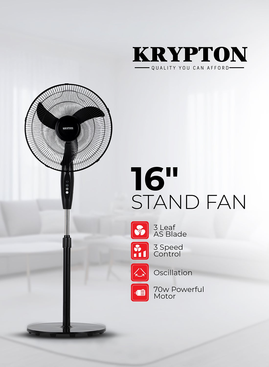 Compare 16” Pedestal Fan | 3 AS Blades HighSpeed Stand Fan with Powerful 70W Motor | 3Speed Settings | Silent Air Circulation | Adjustable Tilt & Oscillation | Ideal for Home, Office & Garage Use 70 W KNF6153L Black at KSA Price