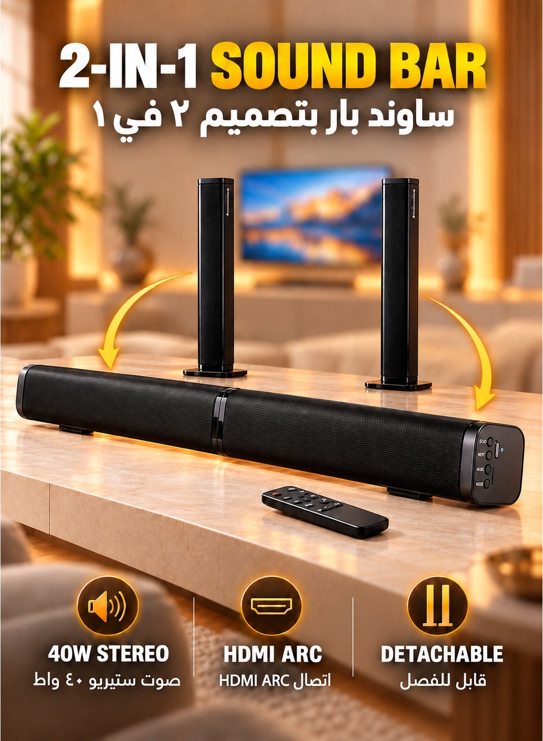 Detachable TV Soundbar Speaker with HDMI ARC, Bluetooth…