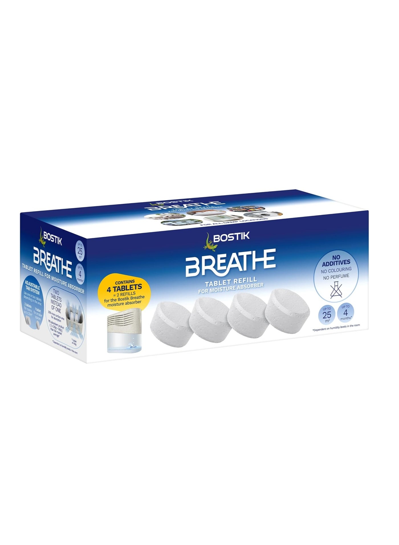 Compare Breathe 4 Refill Tablets for De Humidifier, Dye and Fragrance Free for Home, Apartment and Caravan, Rooms up to 25m, 4 x 250g Moisture Absorbing Tabs, White at KSA Price