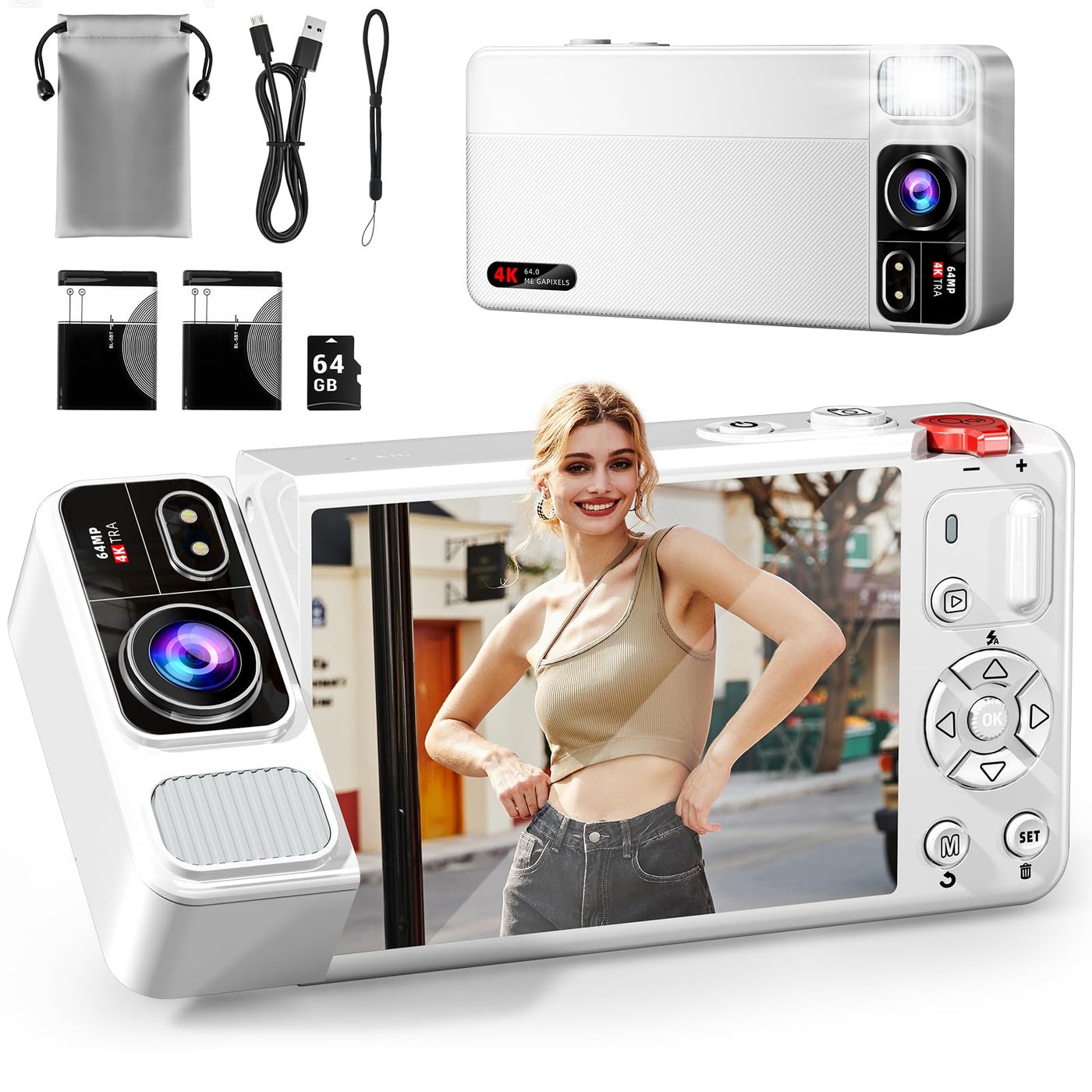 Compare ZEOUPT Digital Camera, 4K 64MP Cameras for Photography, 270Â°Flip Screen Vlogging Camera, Autofocus, Flash, 18X Zoom, 2 Batteries, 64GB Card, Point and Shoot Digital Cameras for Kids Teens, White at KSA Price