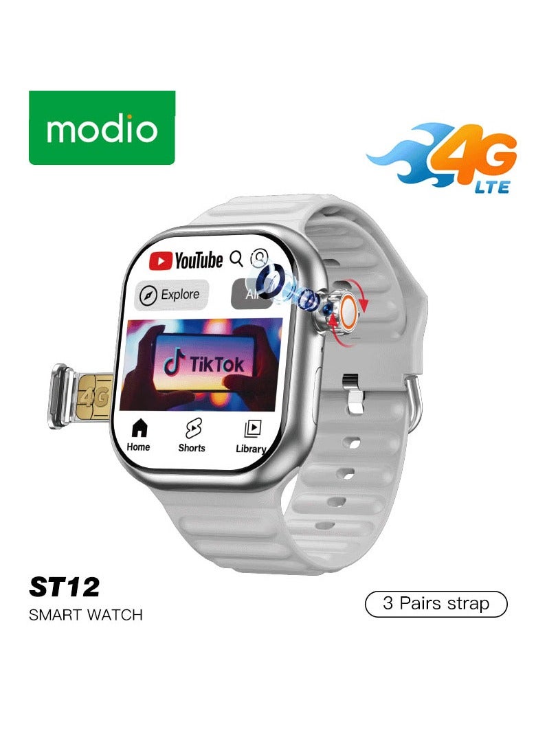 Compare Modio ST12 Smart Watch 2.2 Inch Full Screen Display With 4G SIM card Support 3 Pair Straps and Wireless Charger For Ladies and Gents Silver at KSA Price