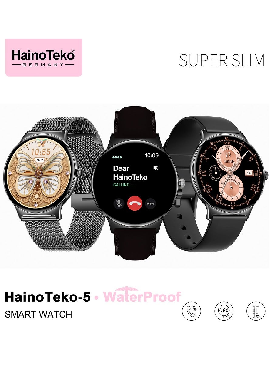 Compare HainoTeko5 Super Slim Smart Watch Round Shape AMOLED Display With Waterproof AI Voice Assistance and 3 Pair Straps For Ladies Black at KSA Price