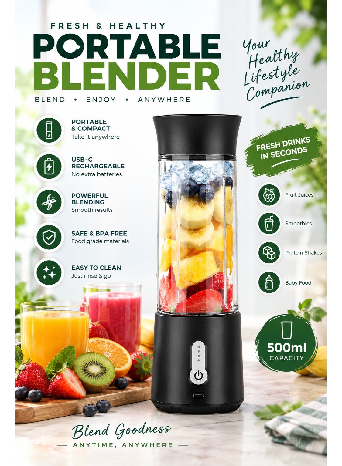 Portable Blender 500ml, USB Rechargeable Personal…