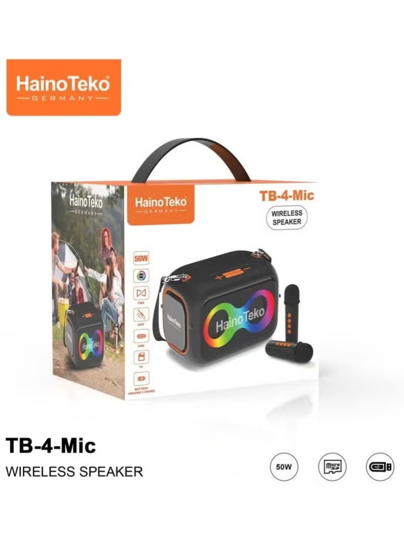 Compare TB4 Portable Wireless Bluetooth Speaker with 2 Wireless Mics, 50W Output Power, RGB Lighting, MultiFunctional Button Control, Black – Ultimate Sound Experience at KSA Price