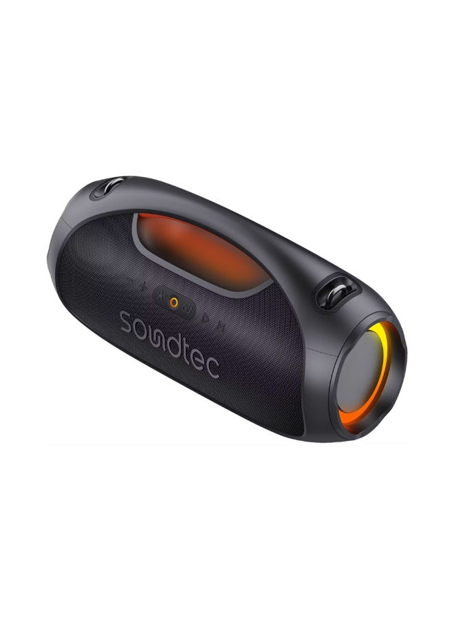 Compare Rush Euphoric Portable Speaker features Bluetooth 5.3, a 5400mAh battery, TypeC charging, IPX6 water resistance, 8hour playtime, 15m range, power bank function, RGB lights, plus shoulder strap and grip handle Black at KSA Price