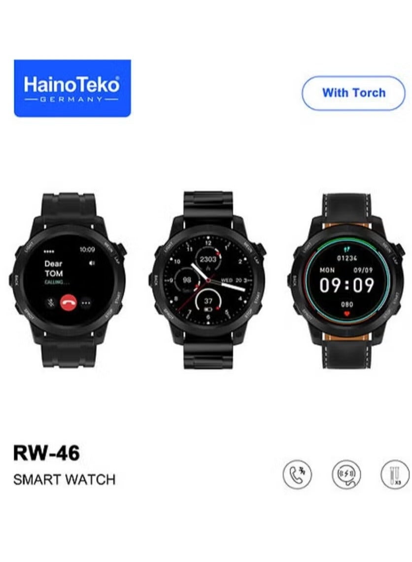 Compare RW46 Round Shape AMOLED Display Smart Watch with Builtin Torch | 3 Pairs of Straps, Wireless Charger, Heart Rate Monitor, Bluetooth Calling, Waterproof – Designed for Gents & Boys Black at KSA Price