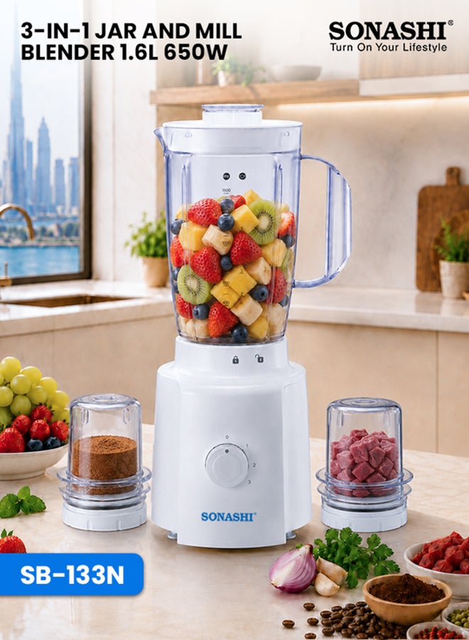 Compare 3 in 1 Blender  Powerful Motor with 3 Speed Setting and Pulse Control | Transparent and Unbreakable Jars with Stainless Steel Blade | Featured with Overheat Protection and Safety Lock System 1.6 L 650 W SB133N WhiteClear at KSA Price