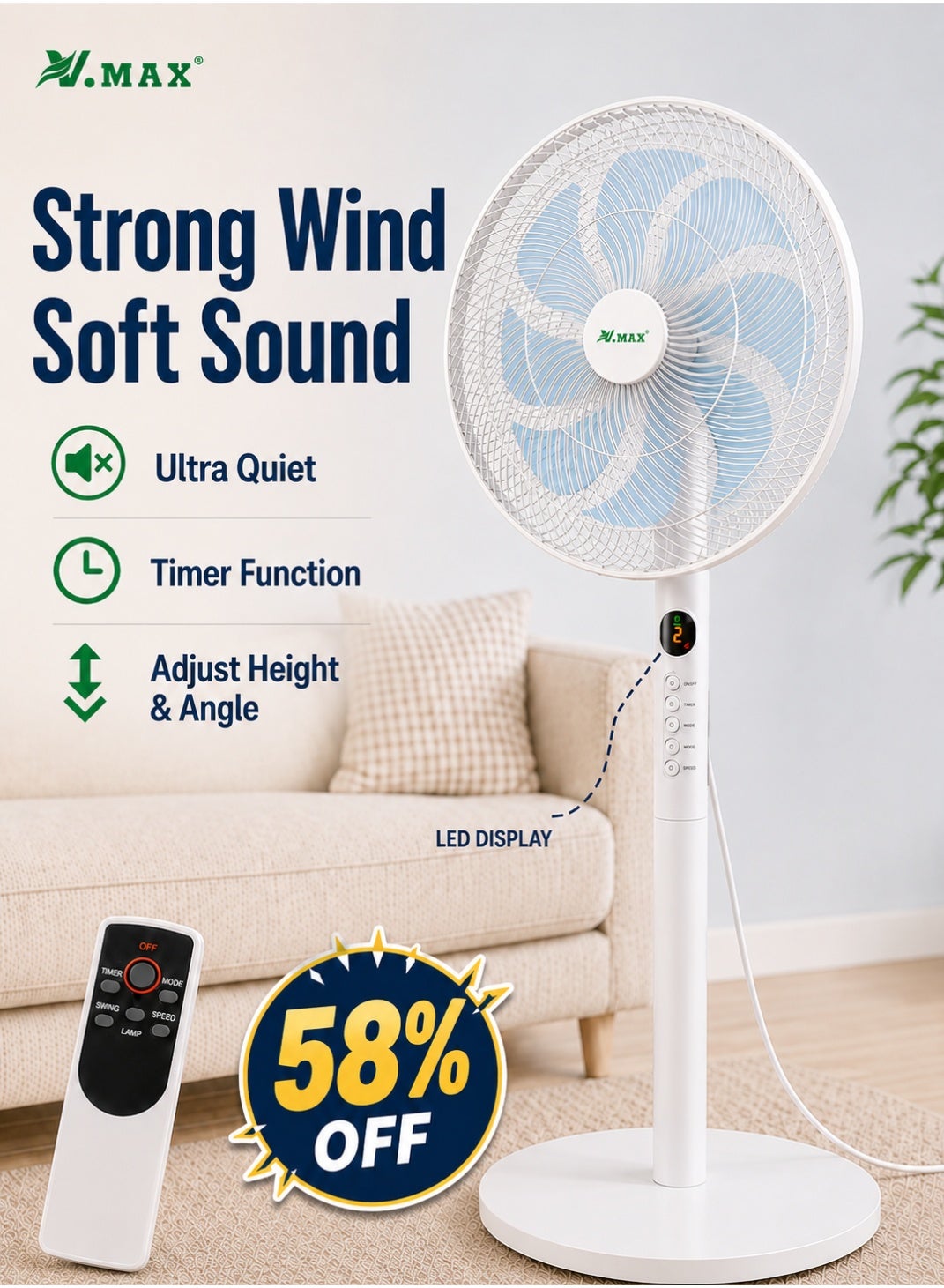 Compare 14Inch Pedestal Fan, 45W Quiet 3Speed Stand Fan with LED Display, Remote Control, Timer, Sleep Mode, 80° Oscillation & Adjustable Height, WhiteLight Blue, for Office & Home at KSA Price