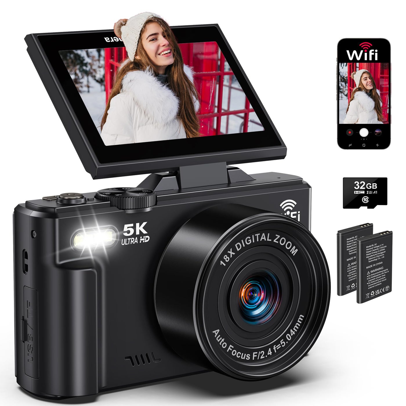 Compare 5K Digital Camera for Photography  75MP WiFi Vlogging Camera for YouTube  UHD 18X Zoom Digital Cameras with Flip Screen 3 180Â°  Travel Flash Camara for Beginners & Adults at KSA Price