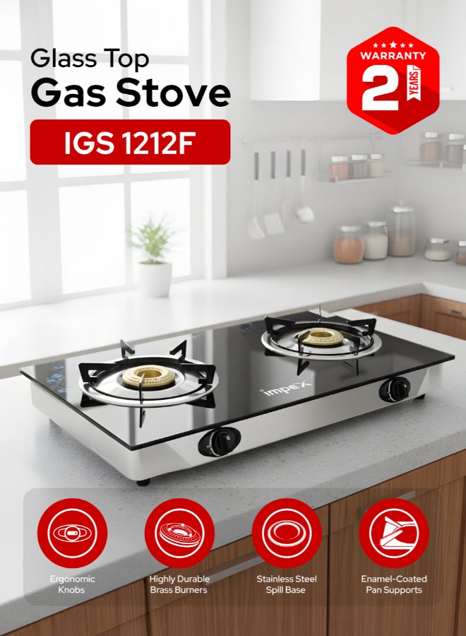 Compare 2Burner Glass Top Gas Stove  Aesthetically Designed Glass Top, HighEfficiency Blue Flame, Spill Tray, Ergonomic Knobs, Stainless Steel Screw, Compact Size IGS 1212F BlackSilver at KSA Price