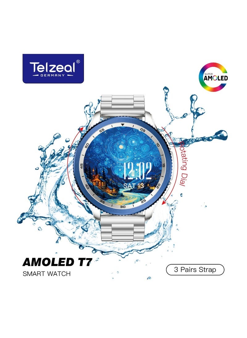Compare AMOLED T7 Smartwatch with Stunning Silver Set Display, UltraBright AMOLED Screen, 50M Waterproof for Swimming & Diving, Long Battery Life, RealTime Health Monitoring, MultiSport Modes, Stylish & Durable Design – Perfect for Fitness & Everyday Use at KSA Price