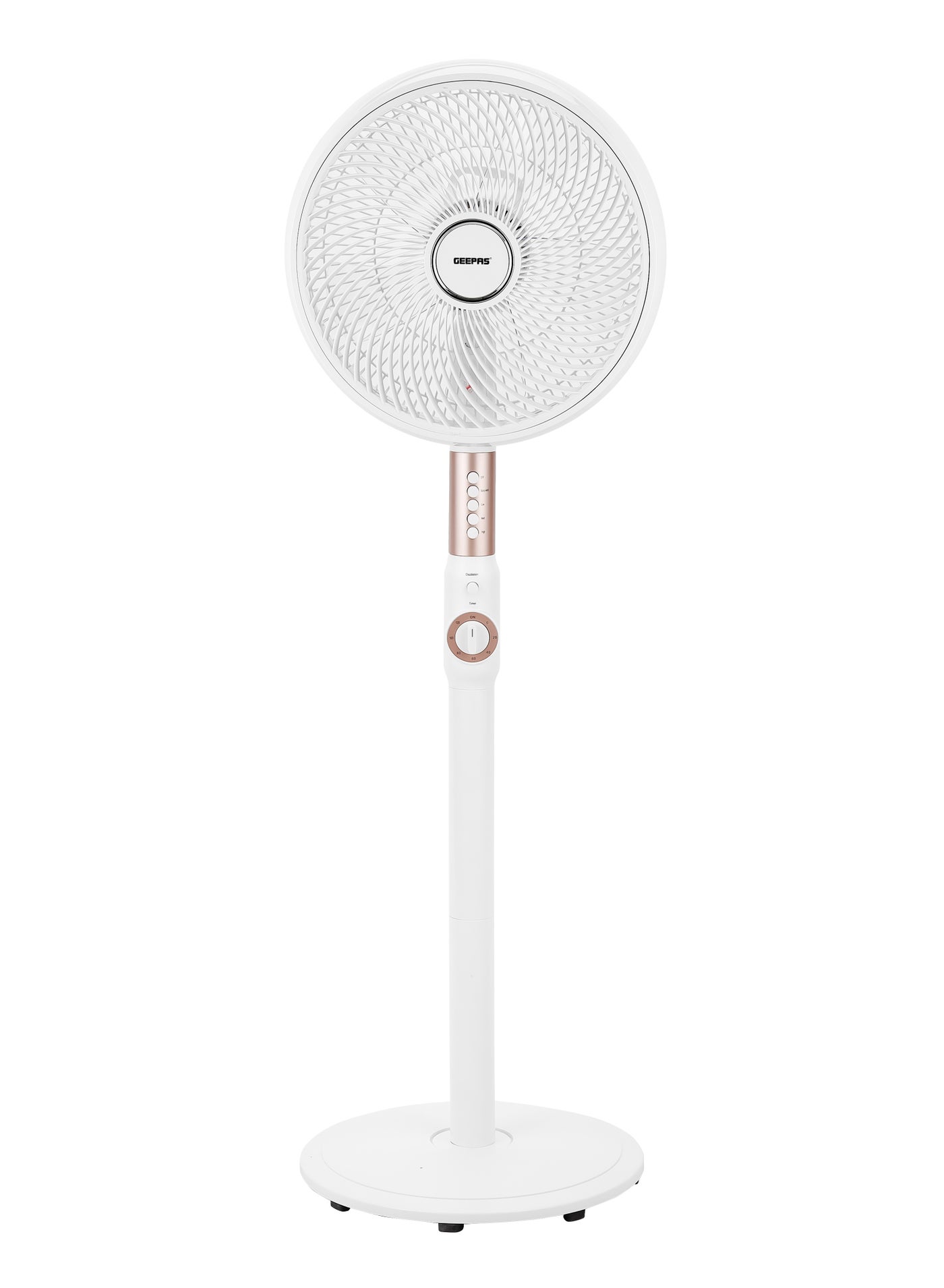 Compare 14 Inches Stand Fan With ABS Circulator Head, AS 5 Fins Blade,, 2 Hours Timer, ABS Body, Wide Angle Oscillation, Chrome & Silver Painting decoration, Base With Heavy Rubber 60 W GF21204 White at KSA Price