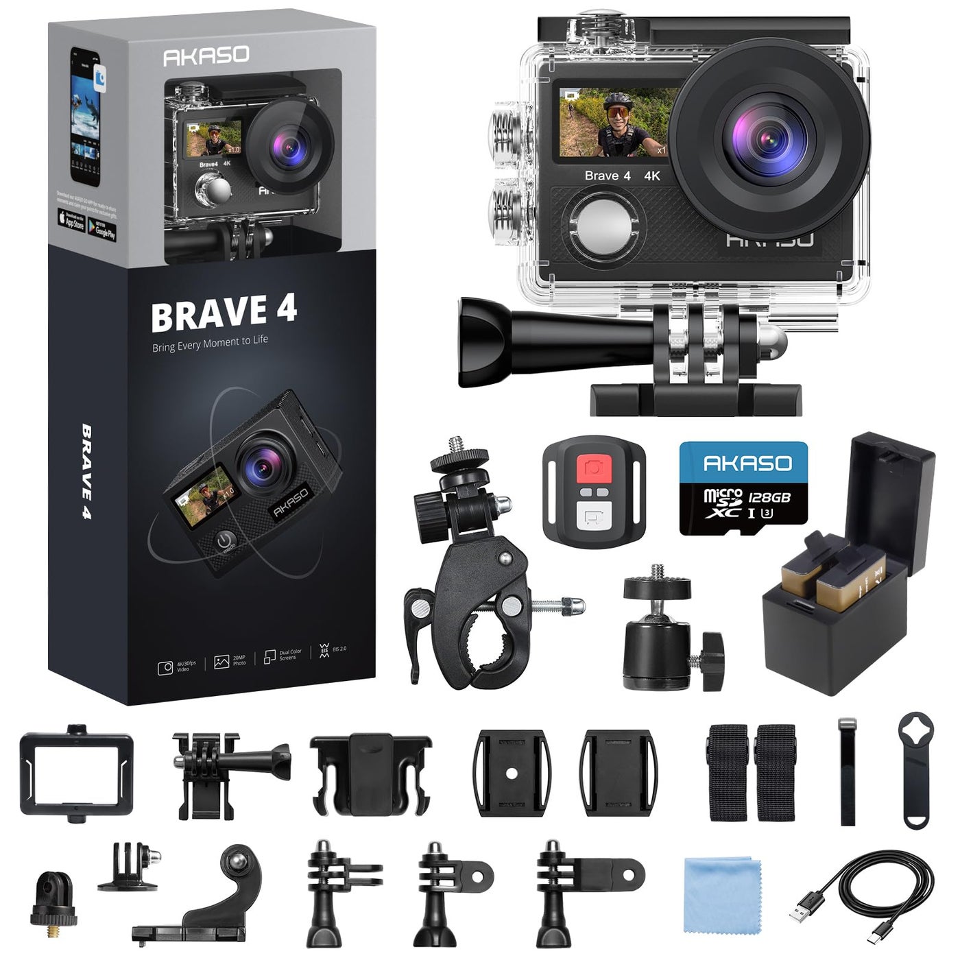 AKASO Brave 4 Action Camera 4K 30fps with 128GB…
