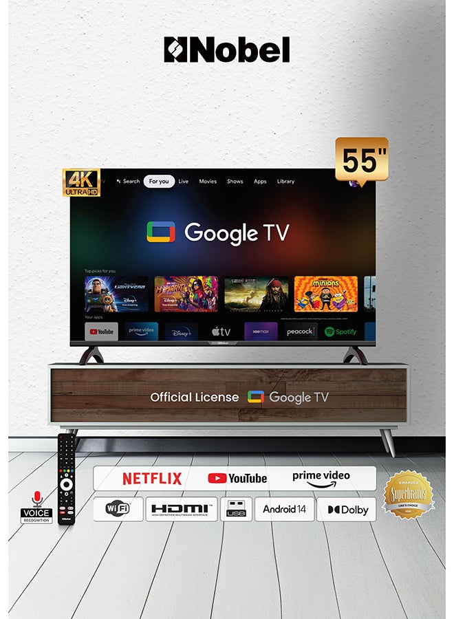 Compare Nobel 55Inch 4K UHD Google TV, Dolby Sound & Voice Control, Android 14, Smart TV, Netflix YouTube Prime, WiFi & Bluetooth Connectivity – UHD55G UHD55G Black at KSA Price