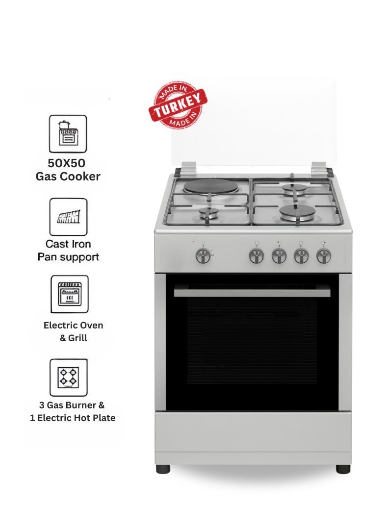 Compare 55x50 cm Stainless Steel Cooking Range | 3 Gas Burners + 1 Electric Hotplate | Electric Oven & Grill | AutoIgnition | Compact SpaceSaving Design | Made in Turkey – Model VC5531ESD at KSA Price