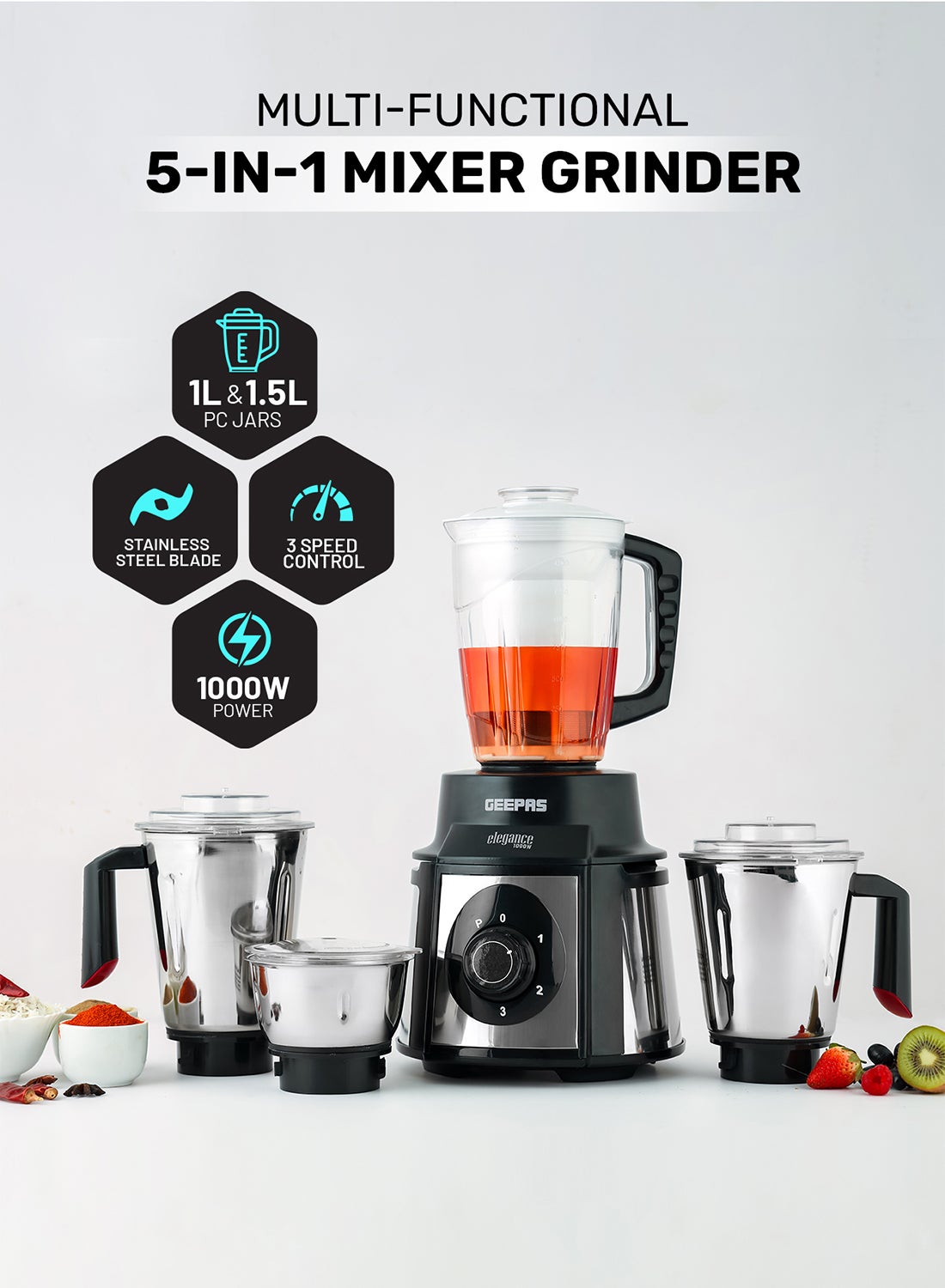 Compare Mixer Grinder with Super Extractor 5IN1 Functions Powerful copper motor and Stainless steel jars Harmonic grinding Overload protection 2.1 L 1000 W GSB5457N WhiteRed at KSA Price