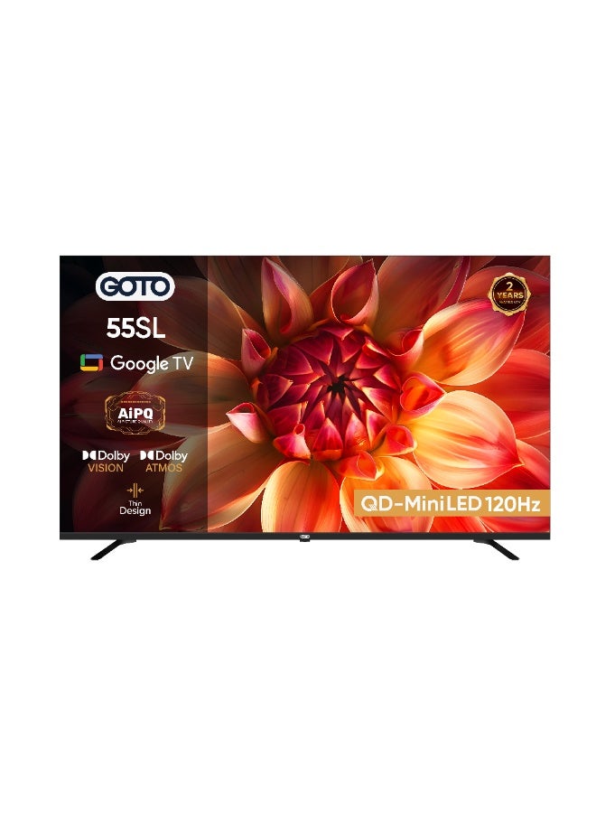 Compare GOTO 55 inch Google TV 55SL 2026, 4K UHD HDR10 QDMiniLED, Multizone Local Dimming, Smart TV with Voice Remote, Quad Core Processor, AiPQ, 120Hz VRR Gaming, MEMC, Builtin Subwoofer, Builtin Chromecast, Dolby Vision & Atmos, 2.4GHz5GHz WiFi, Bluetooth 5.1, Frameless, 2Year Warranty at KSA Price