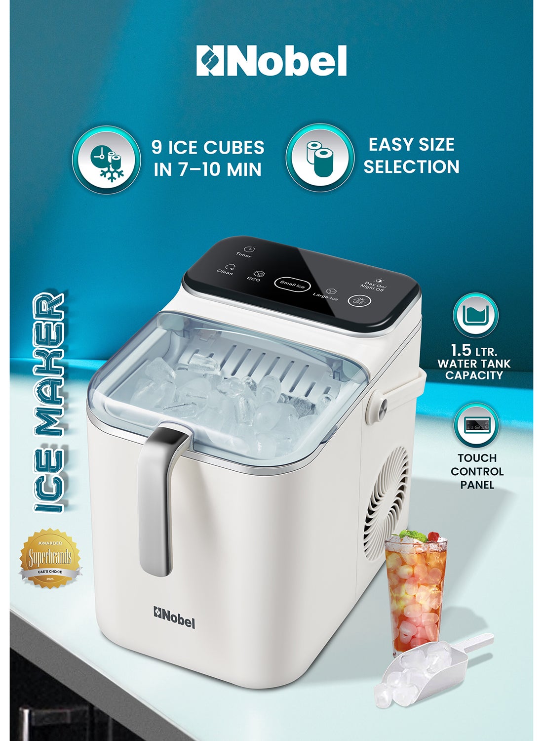 Compare Ice Maker 1.5L Water Tank, 12Kg Daily Production, 3 Ice Cube Sizes, Smart Touch Control, SelfCleaning, Compact Countertop Design  1 Year Warranty 1.5 L 110 W NIM21C White at KSA Price